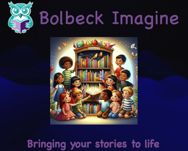 Bolbeck imagine logo and an image of children gathered around a magical bookshelf